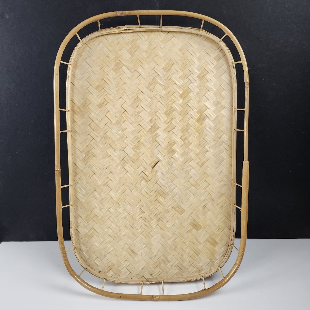 4 Vintage Bamboo Rattan Wicker Serving Lap Trays- Tiki Bar - 19"x 13"